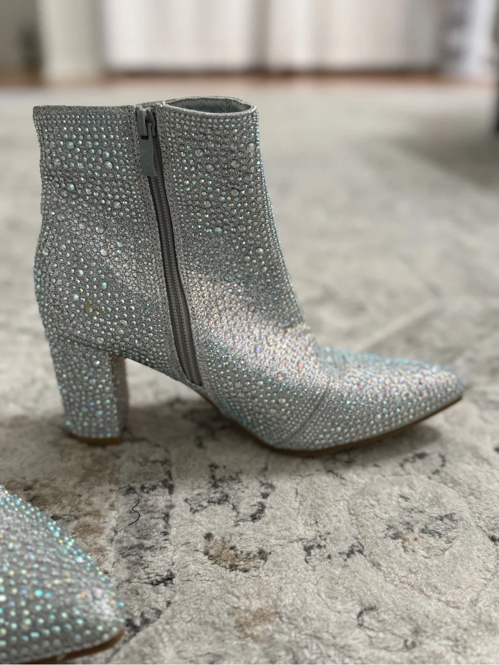 Women’s Sparkly Silver Rhinestone Ankle Boots Block Heel Pointed Toe